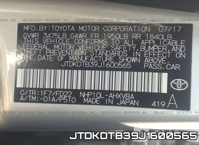 JTDKDTB39J1600565 фото 10