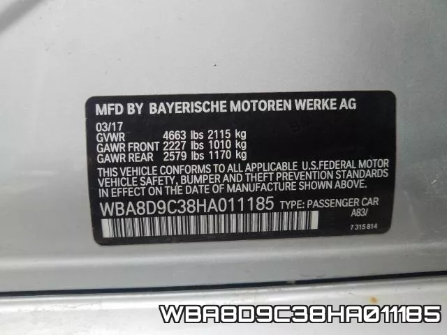 WBA8D9C38HA011185 фото 2
