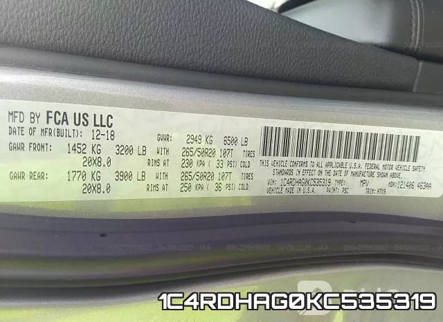 1C4RDHAG0KC535319 фото 10