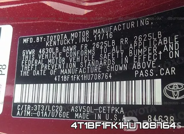 4T1BF1FK1HU708764 фото 10