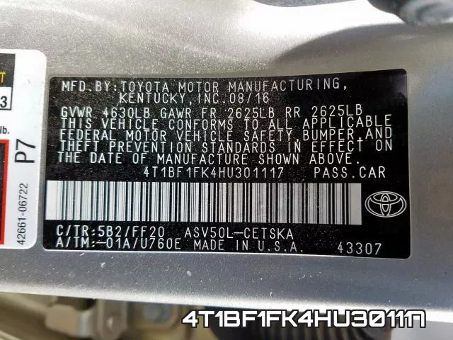 4T1BF1FK4HU301117 фото 2