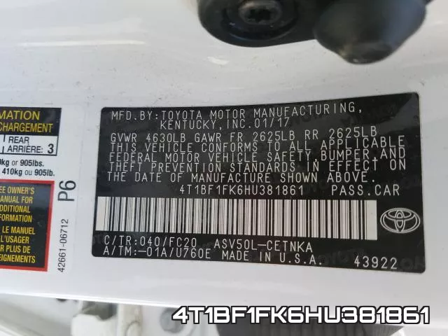 4T1BF1FK6HU381861 фото 2
