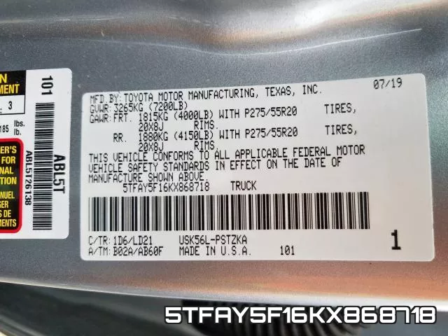 5TFAY5F16KX868718 фото 2