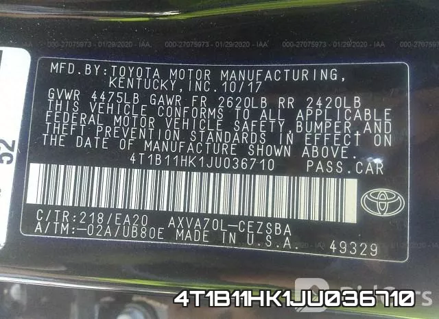 4T1B11HK1JU036710 фото 10