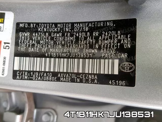 4T1B11HK7JU138531 фото 2