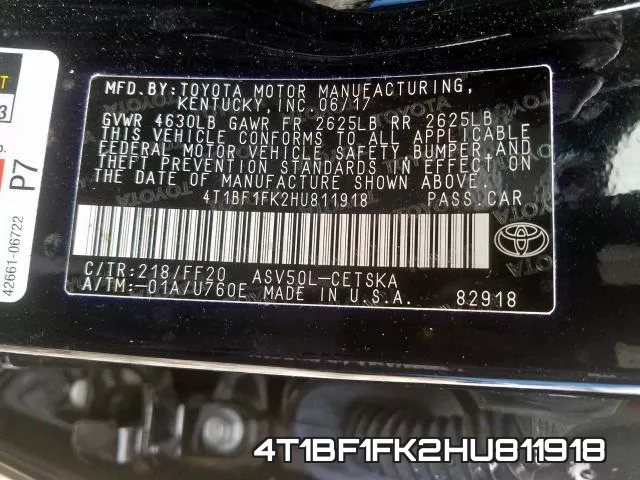 4T1BF1FK2HU811918 фото 2