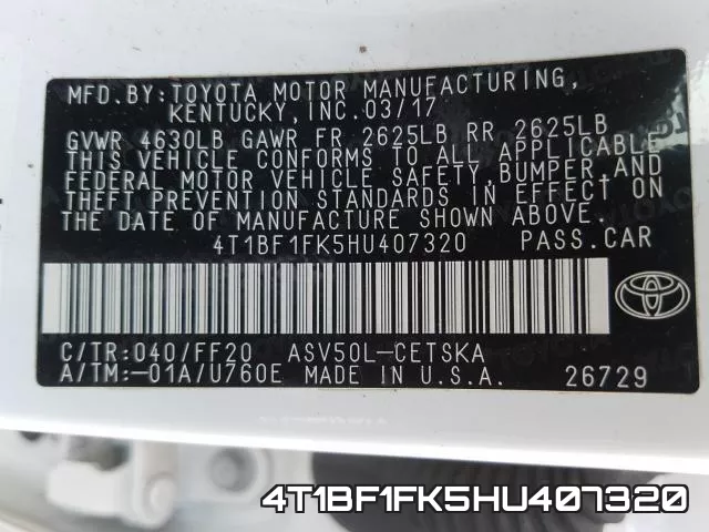 4T1BF1FK5HU407320 фото 2