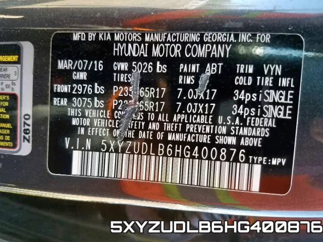 5XYZUDLB6HG400876 фото 2