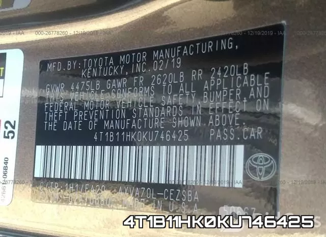 4T1B11HK0KU746425 фото 10
