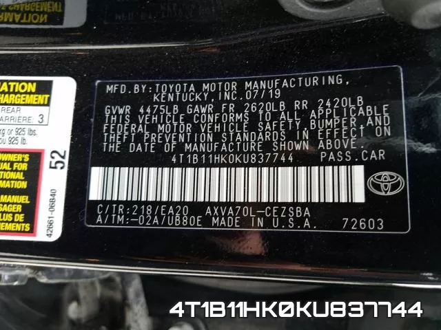 4T1B11HK0KU837744 фото 2