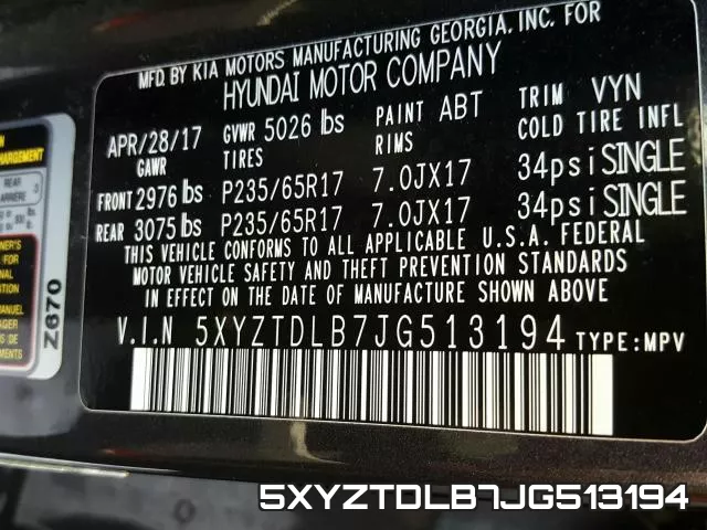5XYZTDLB7JG513194 фото 2