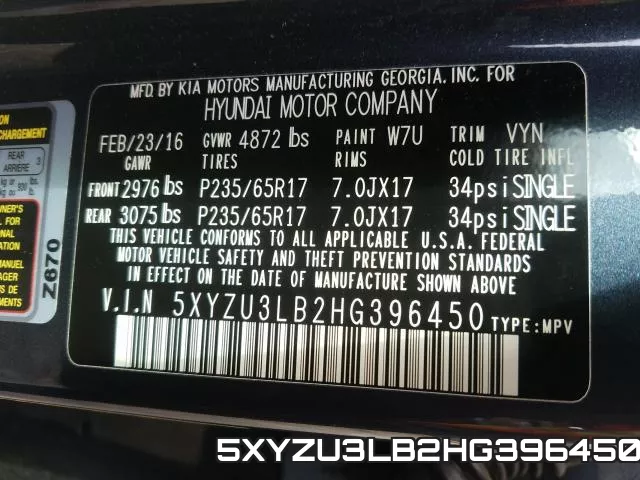 5XYZU3LB2HG396450 фото 2