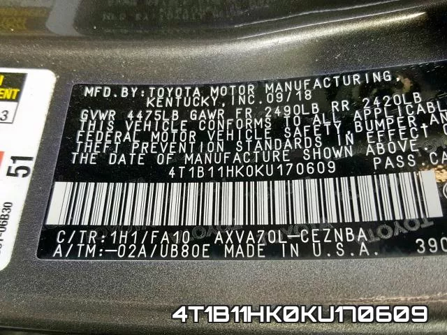 4T1B11HK0KU170609 фото 2
