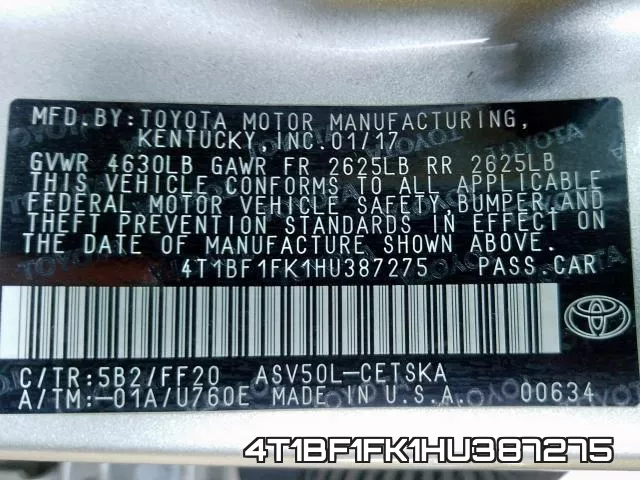 4T1BF1FK1HU387275 фото 2