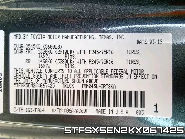 5TFSX5EN2KX067425 фото 2