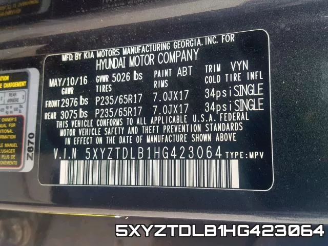 5XYZTDLB1HG423064 фото 2