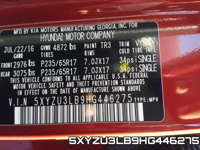 5XYZU3LB9HG446275 фото 2