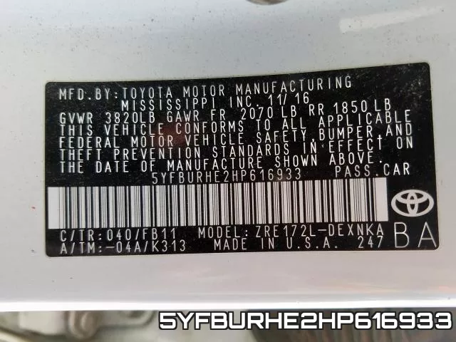 5YFBURHE2HP616933 фото 2