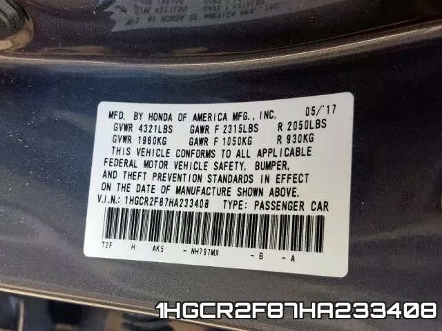 1HGCR2F87HA233408 фото 2