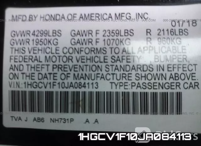 1HGCV1F10JA084113 фото 10