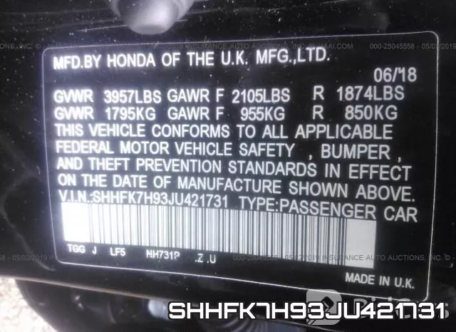 SHHFK7H93JU421731 фото 10