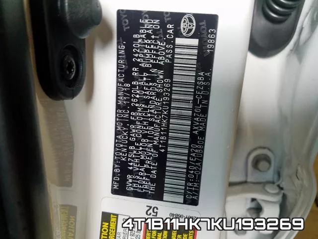 4T1B11HK7KU193269 фото 2