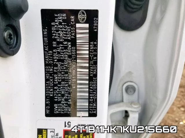 4T1B11HK7KU215660 фото 2