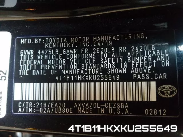 4T1B11HKXKU255649 фото 2