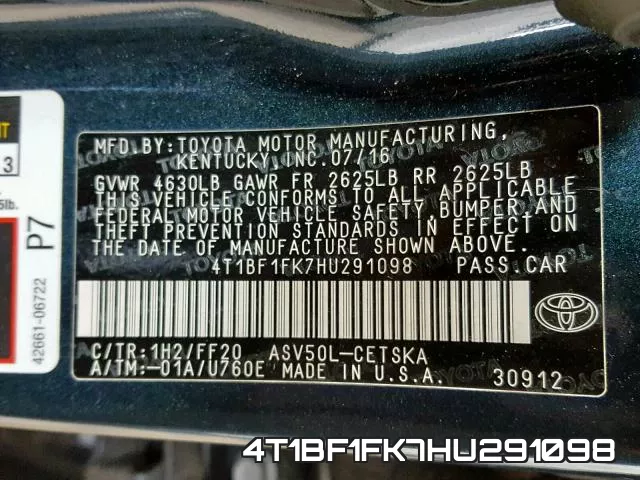 4T1BF1FK7HU291098 фото 2