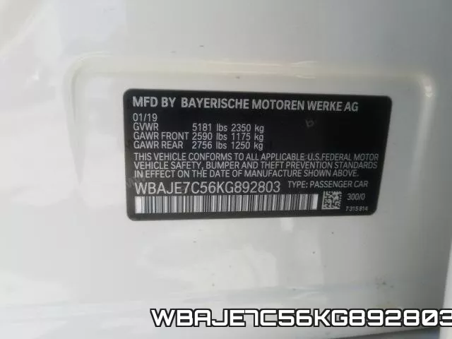 WBAJE7C56KG892803 фото 2