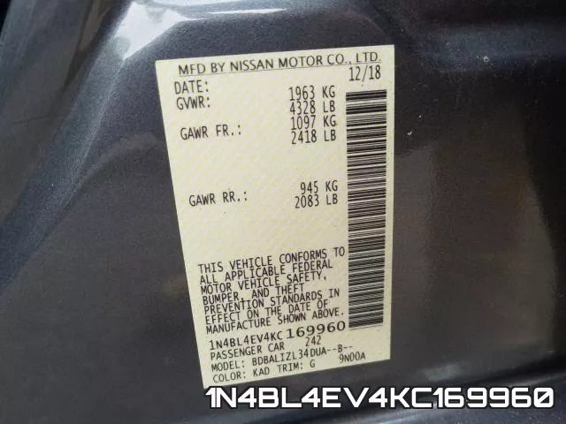 1N4BL4EV4KC169960 фото 2
