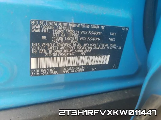 2T3H1RFVXKW011447 фото 2