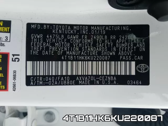 4T1B11HK6KU220087 фото 2