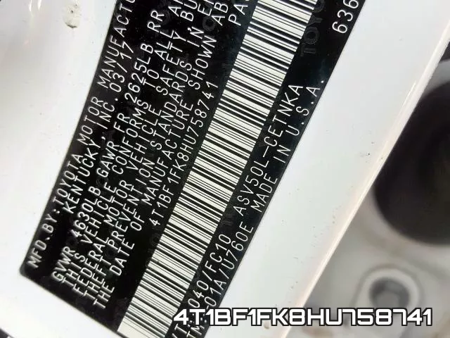 4T1BF1FK8HU758741 фото 2