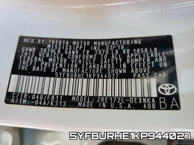 5YFBURHE1KP944027 фото 2
