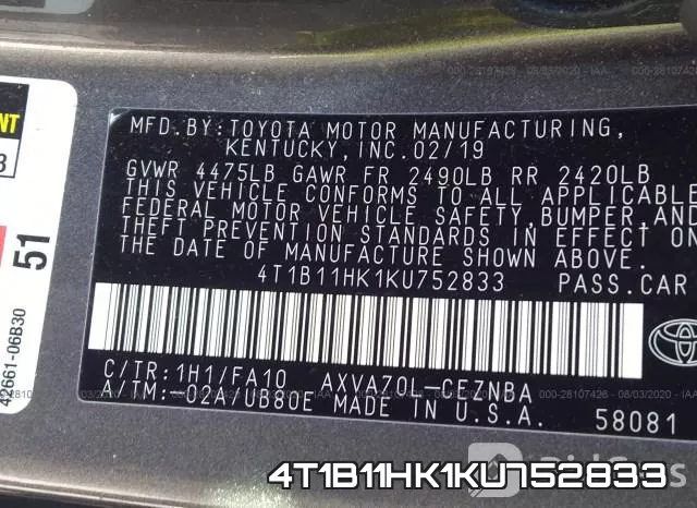 4T1B11HK1KU752833 фото 10