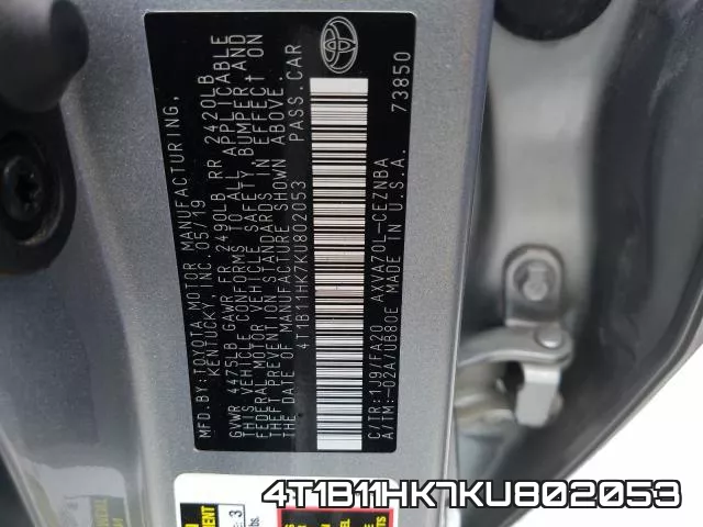 4T1B11HK7KU802053 фото 2