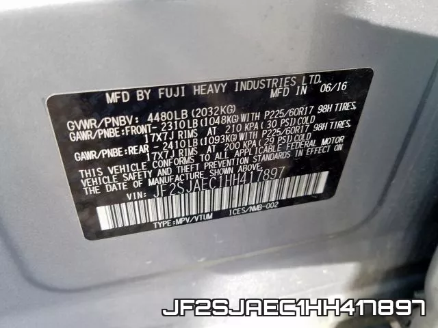 JF2SJAEC1HH417897 фото 2