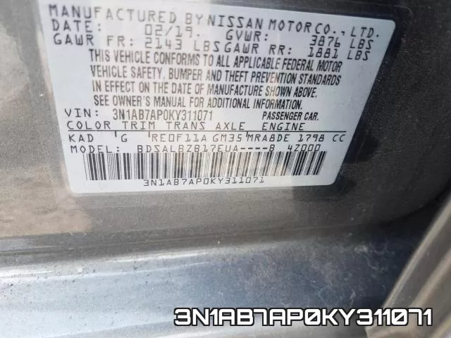 3N1AB7AP0KY311071 фото 2