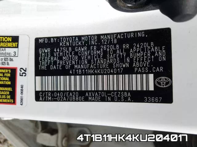 4T1B11HK4KU204017 фото 2