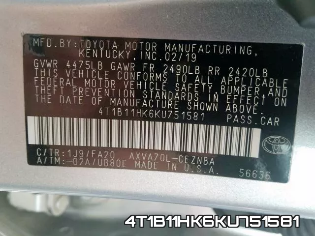 4T1B11HK6KU751581 фото 2