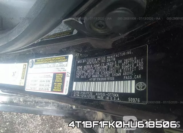 4T1BF1FK0HU618506 фото 10