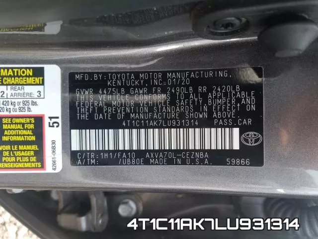 4T1C11AK7LU931314 фото 2