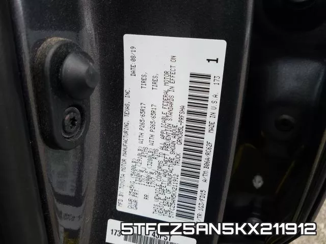 5TFCZ5AN5KX211912 фото 2