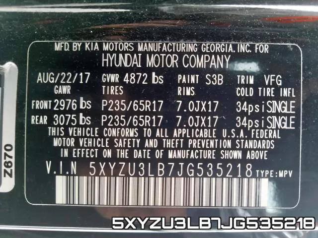 5XYZU3LB7JG535218 фото 2