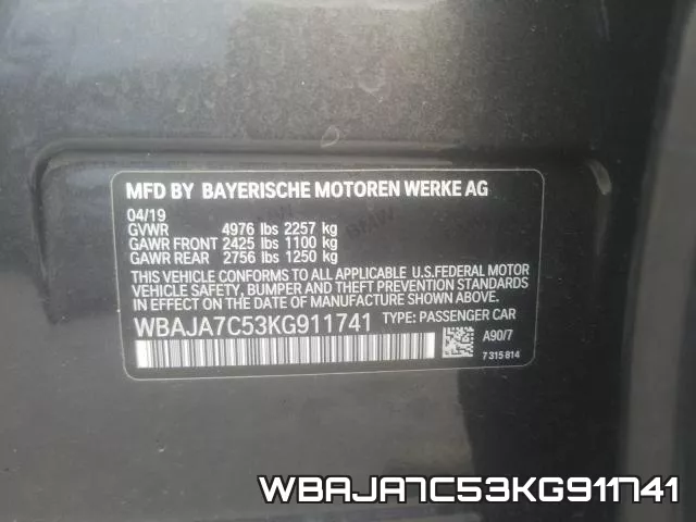 WBAJA7C53KG911741 фото 2
