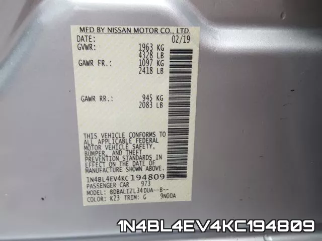 1N4BL4EV4KC194809 фото 2