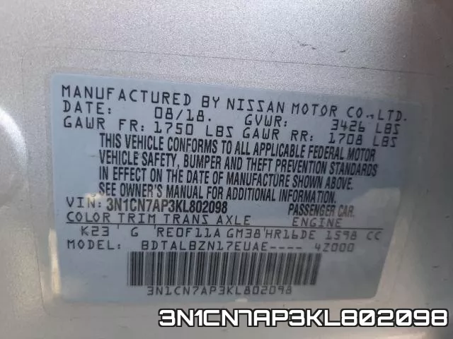 3N1CN7AP3KL802098 фото 2