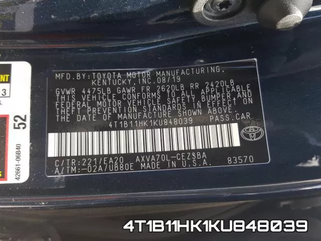 4T1B11HK1KU848039 фото 2