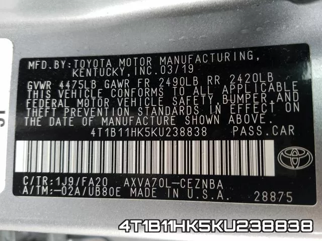 4T1B11HK5KU238838 фото 2